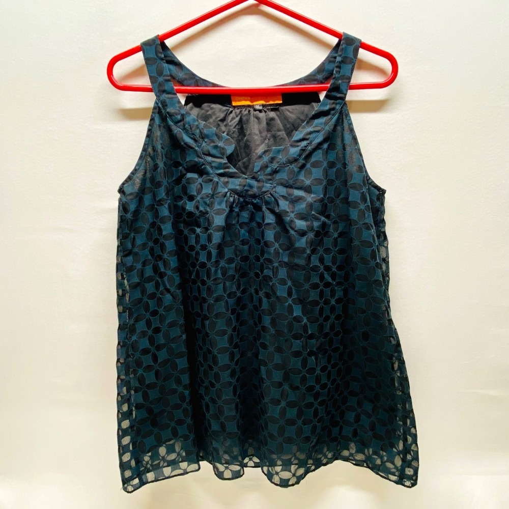Cynthia Steffe Sleeveless Blouse Women's Medium Black Navy Floral‎ Layered Tank